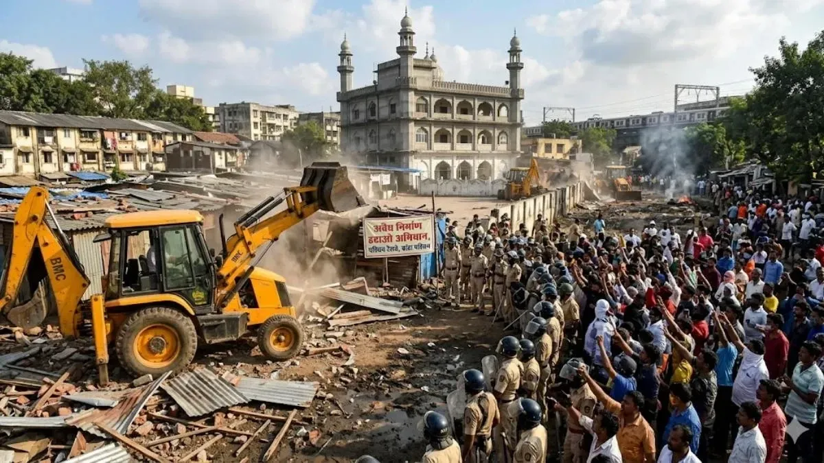 बांद्रा में अवैध निर्माणों पर चला बुलडोजर, पथराव और लाठीचार्ज से भड़का तनाव।