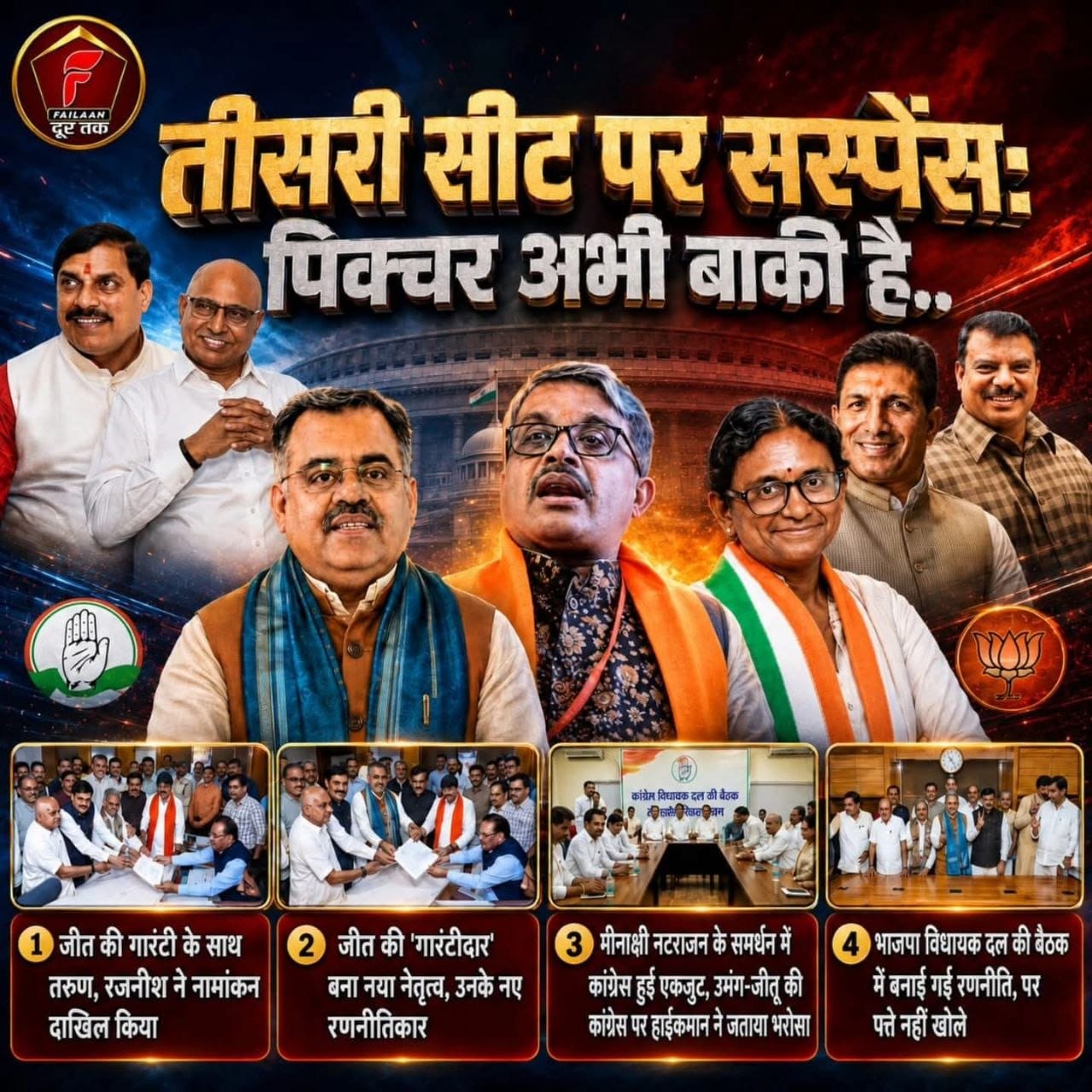 :राज्यसभा की तीसरी सीट:
" सस्पेंस, थ्रिलर और पॉलिटिकल ट्विस्ट का क्लाइमेक्स—पिक्चर अभी बाकी है” कांग्रेस हुई एकजुट बीजेपी ने नहीं खोले पत्ते (सवाल दर सवाल) (राकेश अग्निहोत्री)