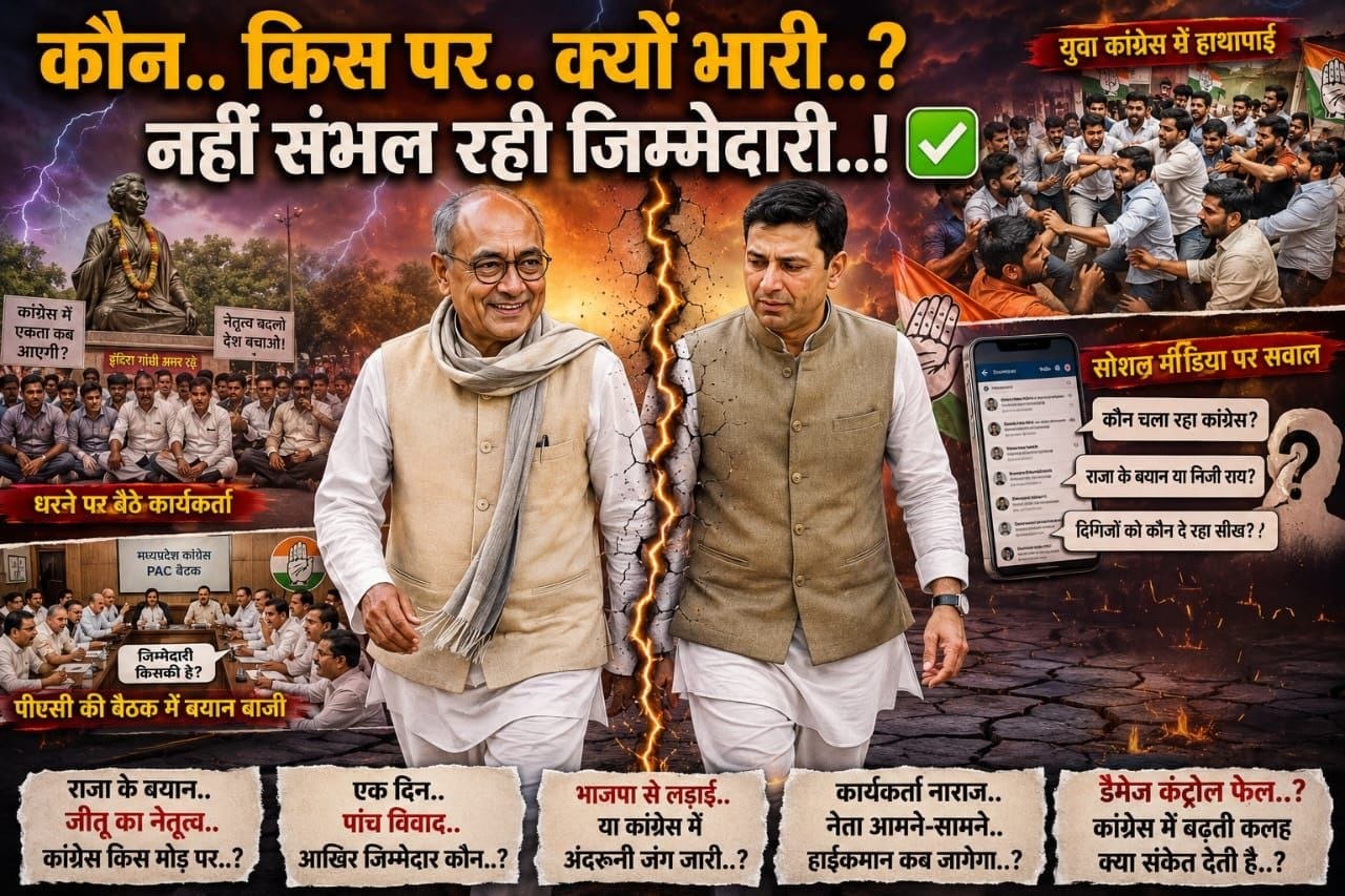 (कांग्रेस में घमासान.. राजा बने धुरी.. जीतू का नेतृत्व सवालों में)

एक दिन.. पांच मंच.. प्रेस कॉन्फ्रेंस.. पीएसी.. यूथ कांग्रेस.. सड़क.. सोशल मीडिया.. डैमेज कंट्रोल पर भारी पड़ी अंतर्कलह
इंट्रो
मध्यप्रदेश कांग्रेस में अंतर्कलह थमने का नाम नहीं ले रही है..
