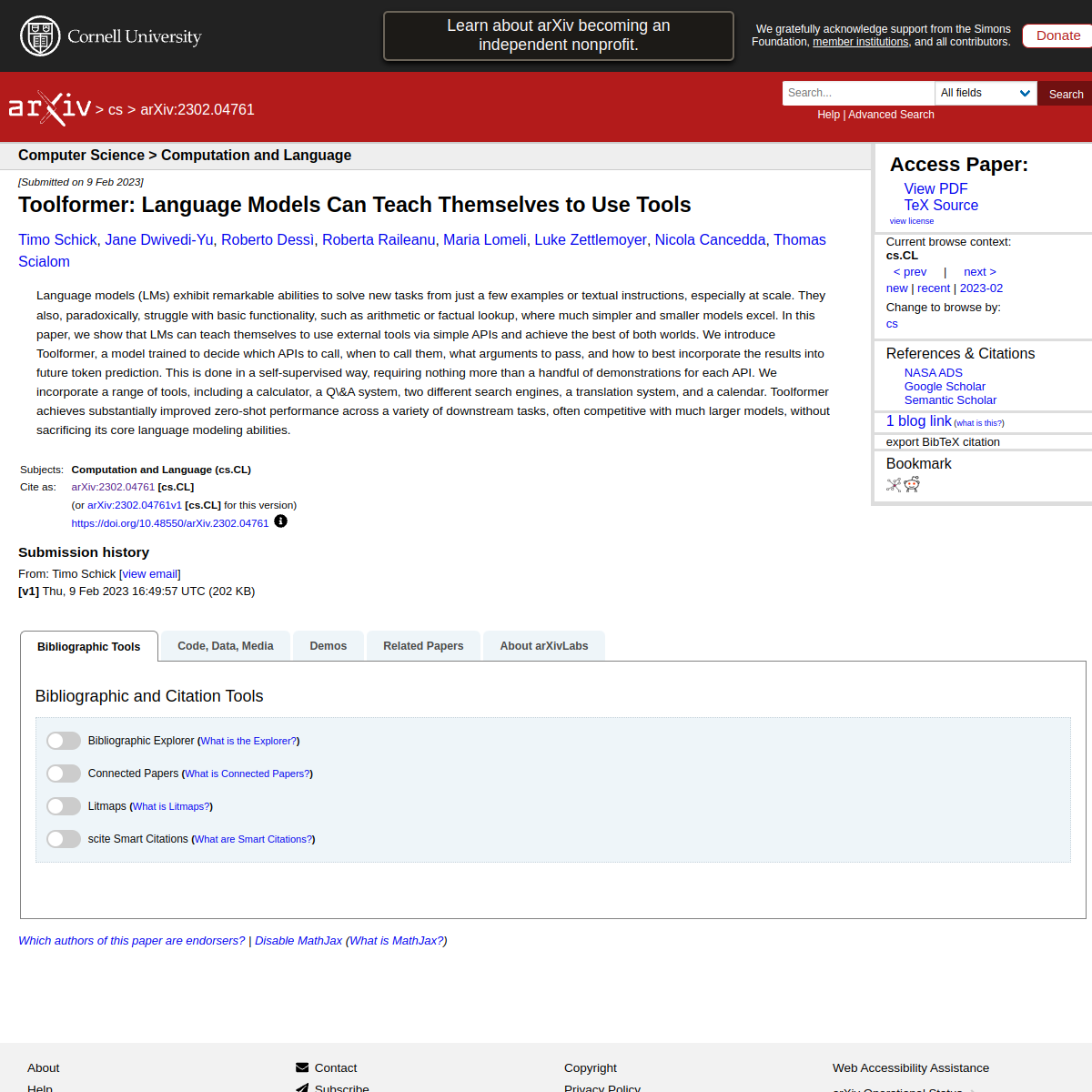 Toolformer: Language Models Can Teach Themselves to Use Tools