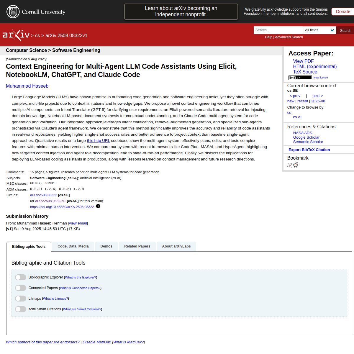 Context Engineering for Multi-Agent LLM Code Assistants Using Elicit, NotebookLM, ChatGPT, and Claude Code