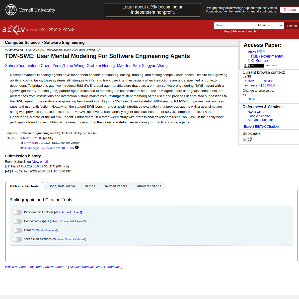 TOM-SWE: User Mental Modeling For Software Engineering Agents