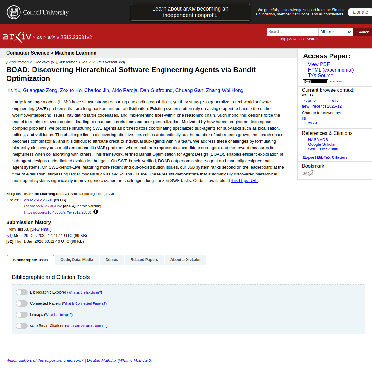 BOAD: Discovering Hierarchical Software Engineering Agents via Bandit Optimization