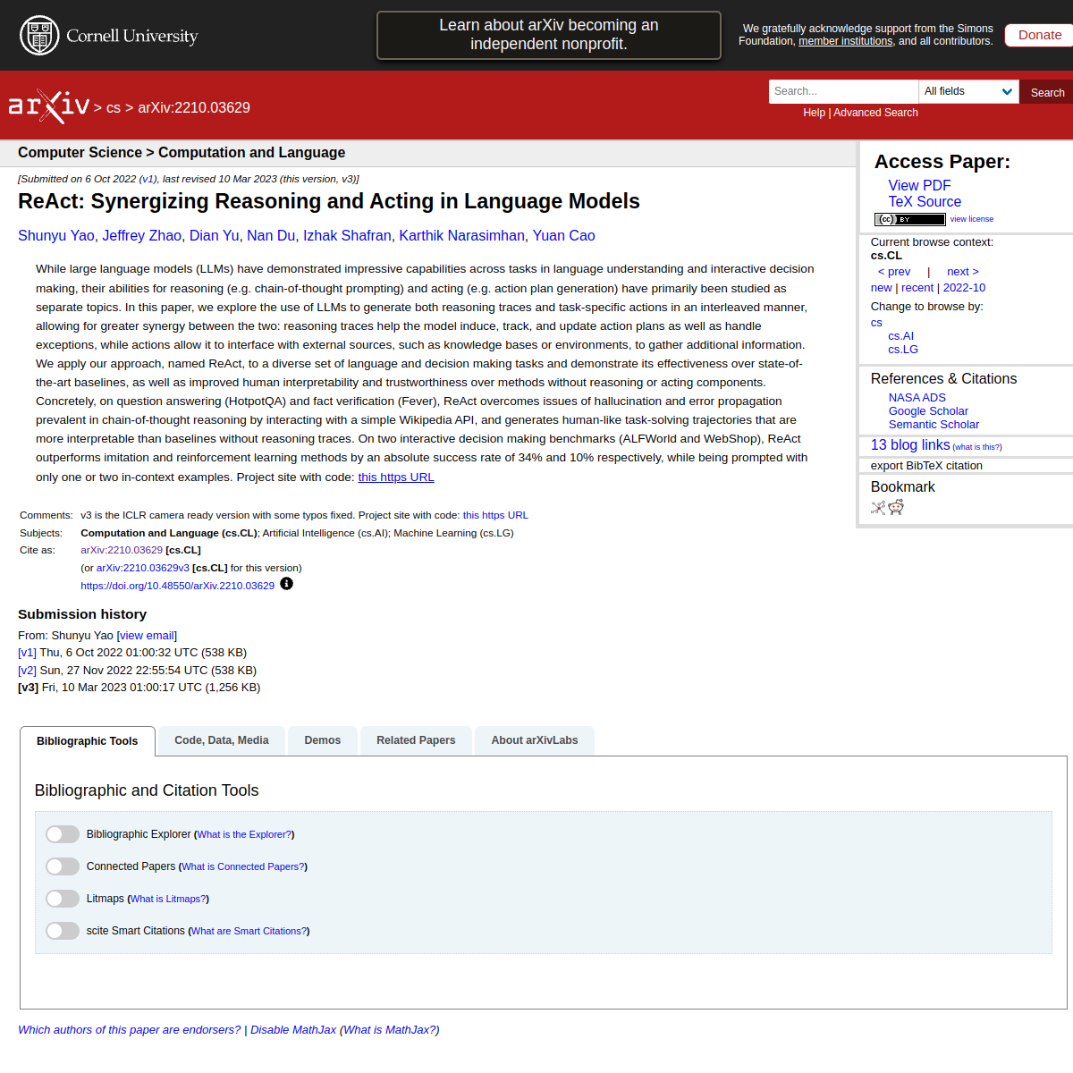ReAct: Synergizing Reasoning and Acting in Language Models