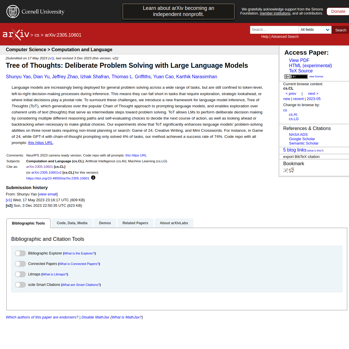 Tree of Thoughts: Deliberate Problem Solving with Large Language Models