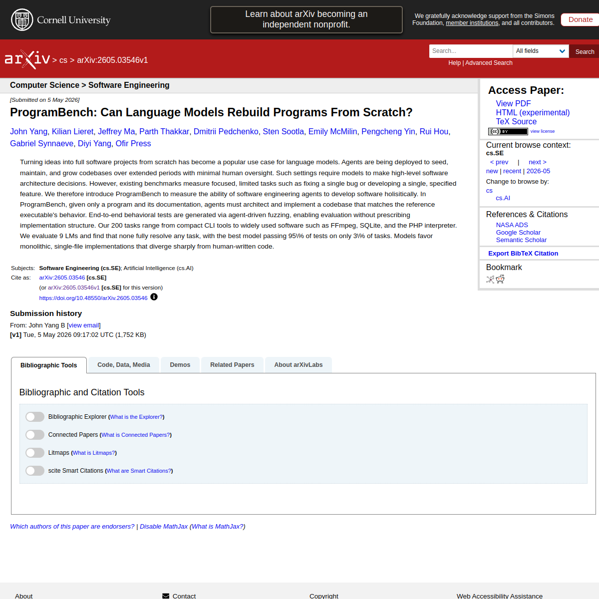 ProgramBench: Can Language Models Rebuild Programs From Scratch?