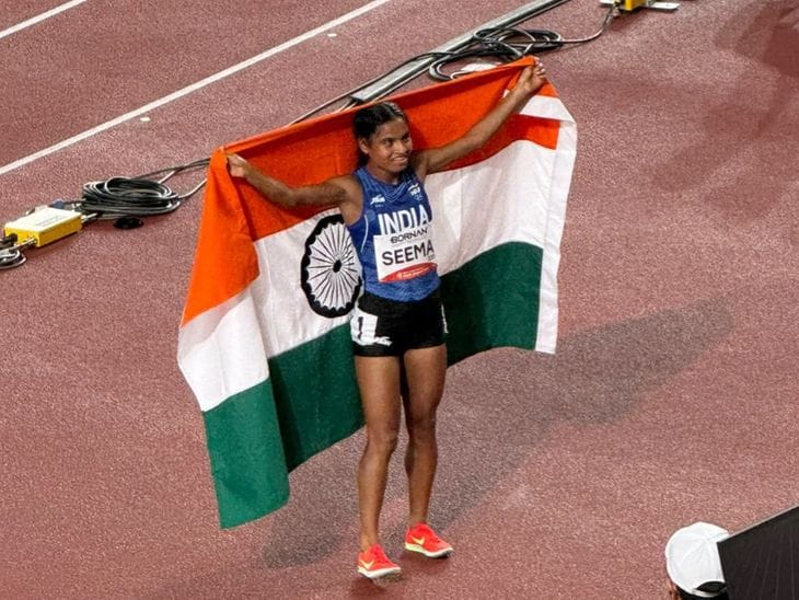 10-15 words, attractive, balanced   highlights. Should capture main story: India's 5 medals on day 5 including mixed relay silver, Seema bronze, etc.